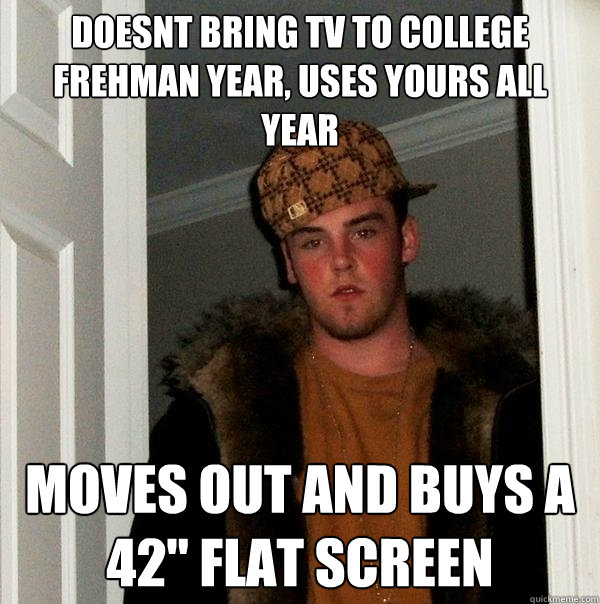 Doesnt bring tv to college frehman year, uses yours all year Moves out and buys a 42