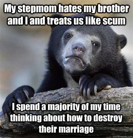 My stepmom hates my brother and I and treats us like scum I spend a majority of my time thinking about how to destroy their marriage  Confession Bear