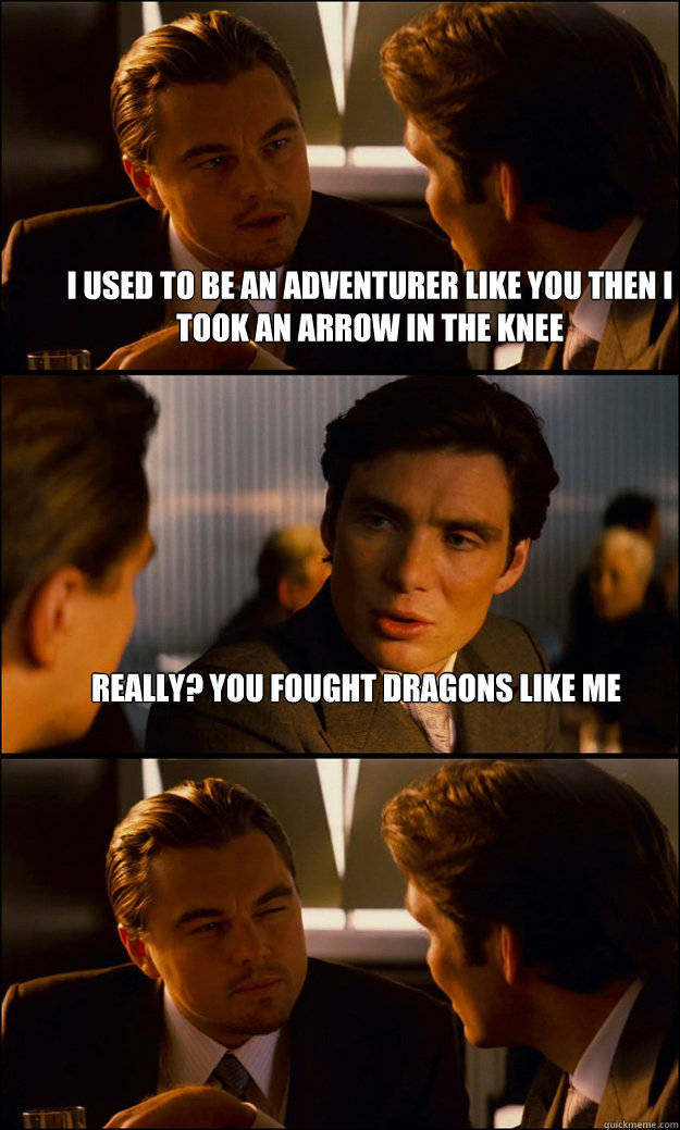 I used to be an adventurer like you then I took an arrow in the knee  Really? you fought dragons like me    Inception