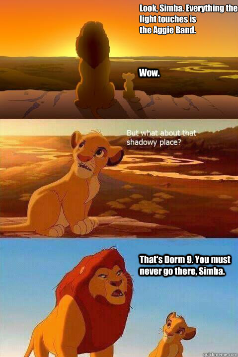 Look, Simba. Everything the light touches is 
the Aggie Band. Wow. That's Dorm 9. You must never go there, Simba.   Lion King Shadowy Place