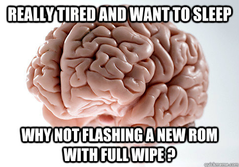 Really tired and want to sleep  Why not flashing a new ROM with full wipe ?  Scumbag Brain