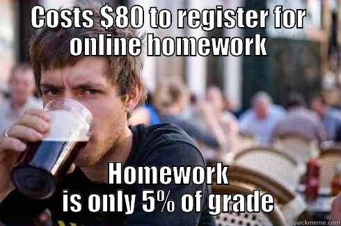 COSTS $80 TO REGISTER FOR ONLINE HOMEWORK HOMEWORK IS ONLY 5% OF GRADE Lazy College Senior