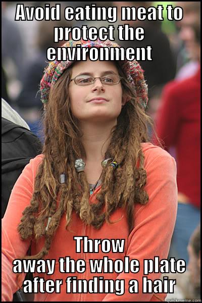 AVOID EATING MEAT TO PROTECT THE ENVIRONMENT THROW AWAY THE WHOLE PLATE AFTER FINDING A HAIR College Liberal