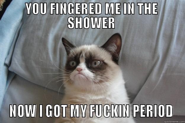 YOU FINGERED ME IN THE SHOWER NOW I GOT MY FUCKIN PERIOD Grumpy Cat