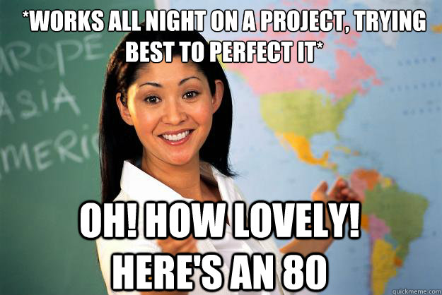 *Works all night on a project, trying best to perfect it* Oh! How lovely! Here's an 80  Unhelpful High School Teacher