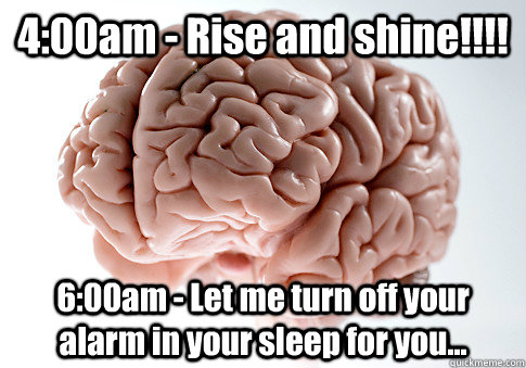 4:00am - Rise and shine!!!! 6:00am - Let me turn off your alarm in your sleep for you...   Scumbag Brain