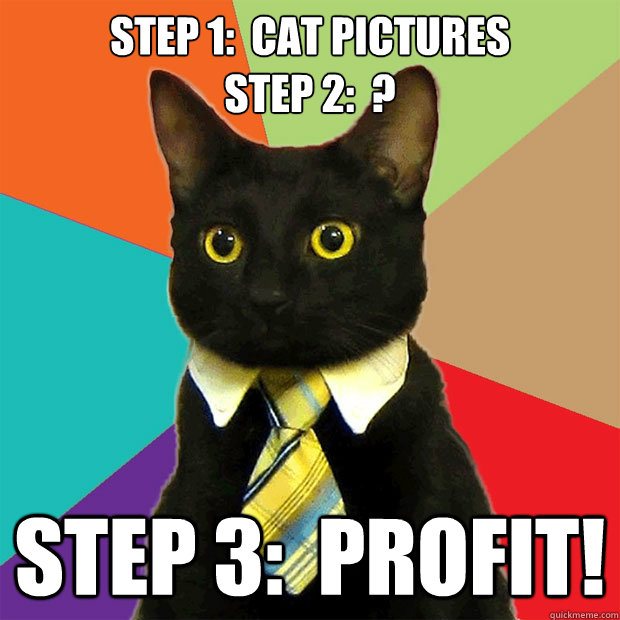 Step 1:  Cat Pictures
Step 2:  ? Step 3:  Profit!  Business Cat