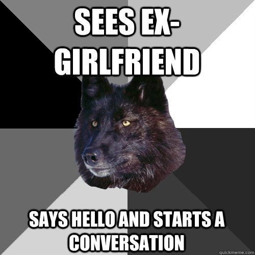 Sees ex-girlfriend Says hello and starts a conversation  Sanity Wolf