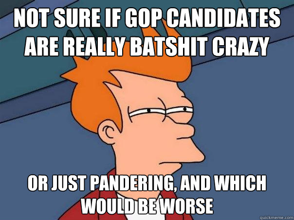 Not sure if GOP candidates are really batshit crazy Or just pandering, and which would be worse - Not sure if GOP candidates are really batshit crazy Or just pandering, and which would be worse  Futurama Fry