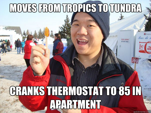 Moves from tropics to tundra cranks thermostat to 85 in apartment  