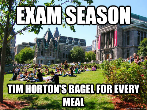 exam season tim horton's bagel for every meal  McGill Meme