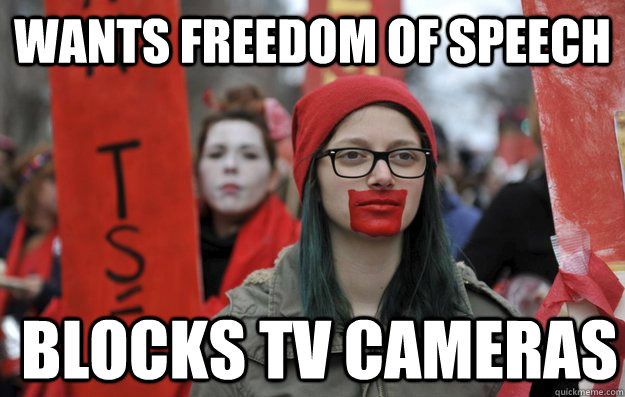 Wants freedom of speech Blocks TV cameras - Wants freedom of speech Blocks TV cameras  Scumbag Quebec student