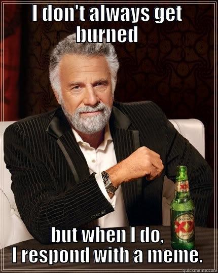 meme response - I DON'T ALWAYS GET BURNED BUT WHEN I DO, I RESPOND WITH A MEME. The Most Interesting Man In The World