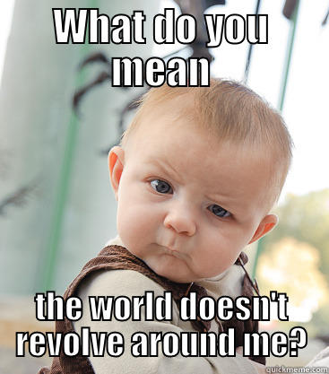 WHAT DO YOU MEAN THE WORLD DOESN'T REVOLVE AROUND ME? skeptical baby