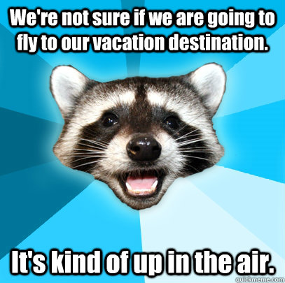 We're not sure if we are going to fly to our vacation destination. It's kind of up in the air. - We're not sure if we are going to fly to our vacation destination. It's kind of up in the air.  Lame Pun Coon