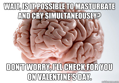 Wait, is it possible to masturbate and cry simultaneously? Don't worry, I'll check for you on Valentine's Day. - Wait, is it possible to masturbate and cry simultaneously? Don't worry, I'll check for you on Valentine's Day.  Scumbag Brain