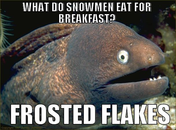 WHAT DO SNOWMEN EAT FOR BREAKFAST?    FROSTED FLAKES Bad Joke Eel