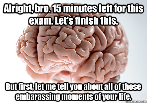 Alright, bro. 15 minutes left for this exam. Let's finish this. But first, let me tell you about all of those embarassing moments of your life.  Scumbag Brain