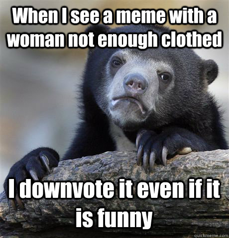 When I see a meme with a woman not enough clothed I downvote it even if it is funny  Confession Bear