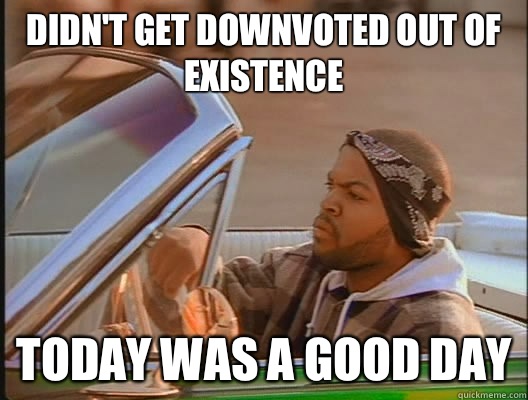 Didn't get downvoted out of existence  Today was a good day  today was a good day