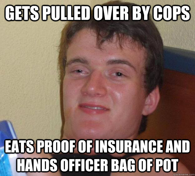 Gets pulled over by cops Eats proof of insurance and hands officer bag of pot  10 Guy