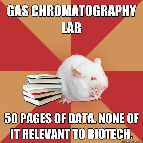 Gas chromatography lab 50 pages of data. None of it relevant to biotech.  Science Major Mouse