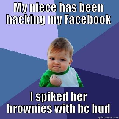 MY NIECE HAS BEEN HACKING MY FACEBOOK I SPIKED HER BROWNIES WITH BC BUD Success Kid