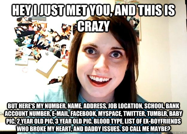 hey i just met you, and this is crazy but here's my number, name, address, job location, school, bank account number, e-mail, facebook, myspace, twitter, tumblr, baby pic, 2 year old pic, 3 year old pic, blood type, list of ex-boyfriends who broke my hear  Overly Attached Girlfriend