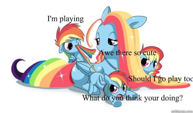 What do you think your doing? I'm playing Should I go play too? Awe there so cute  Rainbow Dash