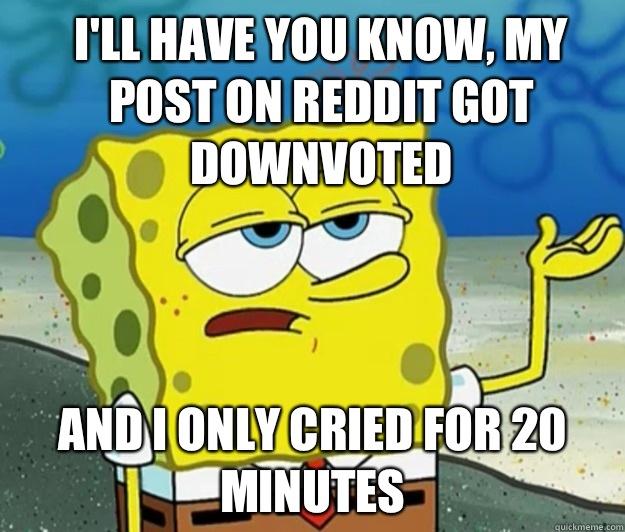 I'll have you know, My pOst on reddit got downvoted And I only cried for 20 minutes  