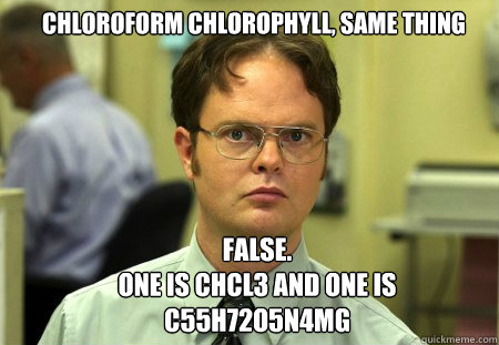 Chloroform Chlorophyll, same thing  FALSE.  
One is CHCl3 and one is C55H72O5N4Mg - Chloroform Chlorophyll, same thing  FALSE.  
One is CHCl3 and one is C55H72O5N4Mg  Schrute