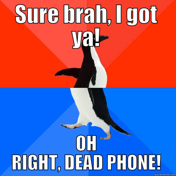 SURE BRAH, I GOT YA! OH RIGHT, DEAD PHONE! Socially Awesome Awkward Penguin