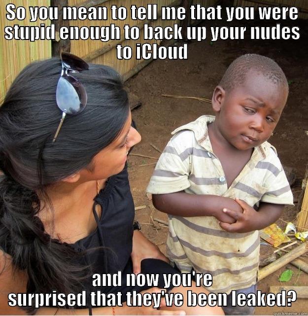 SO YOU MEAN TO TELL ME THAT YOU WERE STUPID ENOUGH TO BACK UP YOUR NUDES TO ICLOUD AND NOW YOU'RE SURPRISED THAT THEY'VE BEEN LEAKED? Skeptical Third World Kid