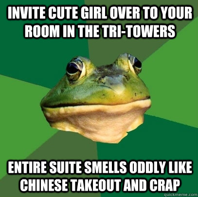 Invite cute girl over to your room in the tri-towers entire suite smells oddly like Chinese takeout and crap  Foul Bachelor Frog