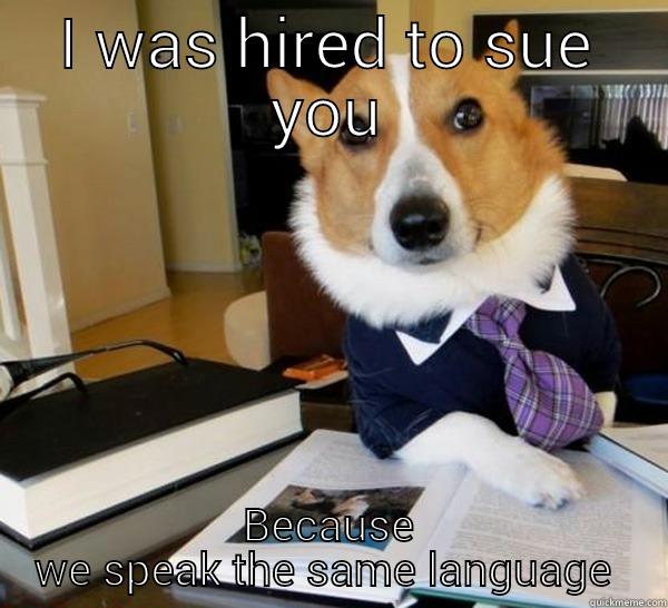 I WAS HIRED TO SUE YOU BECAUSE WE SPEAK THE SAME LANGUAGE  Lawyer Dog