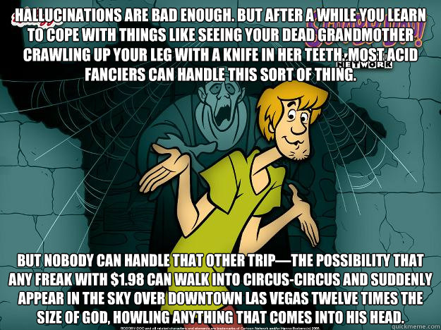 Hallucinations are bad enough. But after a while you learn to cope with things like seeing your dead grandmother crawling up your leg with a knife in her teeth. Most acid fanciers can handle this sort of thing.  But nobody can handle that other trip—  Irrational Shaggy