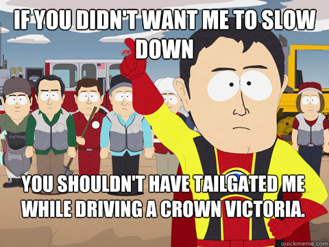 if you didn't want me to slow down you shouldn't have tailgated me while driving a crown victoria.   Captain Hindsight