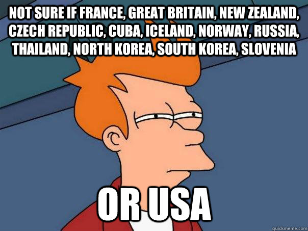 Not sure if France, Great Britain, New Zealand, Czech Republic, Cuba, Iceland, Norway, Russia, Thailand, North Korea, South Korea, Slovenia Or USA - Not sure if France, Great Britain, New Zealand, Czech Republic, Cuba, Iceland, Norway, Russia, Thailand, North Korea, South Korea, Slovenia Or USA  Futurama Fry