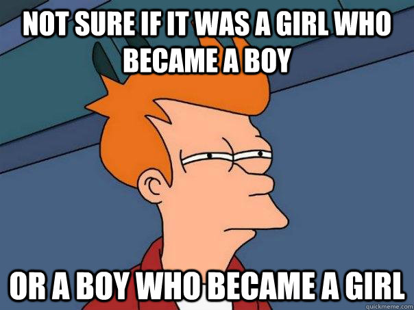 NOT SURE IF IT WAS A GIRL WHO BECAME A BOY OR A BOY WHO BECAME A GIRL  Futurama Fry