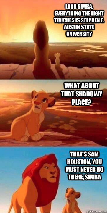 look simba, everything the light touches is Stephen F. Austin state university what about that shadowy place? that's Sam Houston, you must never go there, simba - look simba, everything the light touches is Stephen F. Austin state university what about that shadowy place? that's Sam Houston, you must never go there, simba  SIMBA