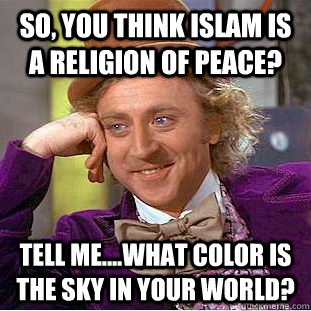 So, you think Islam is a religion of peace? Tell me....what color is the sky in your world?  Creepy Wonka