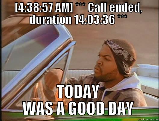 i love long conference calls - [4:38:57 AM] *** CALL ENDED, DURATION 14:03:36 *** TODAY WAS A GOOD DAY today was a good day