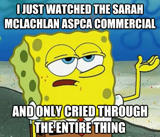 I just watched the Sarah McLachlan ASPCA Commercial and only cried through the entire thing  Tough Spongebob