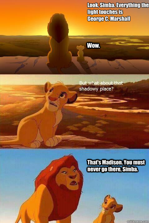 Look, Simba. Everything the light touches is 
George C. Marshall Wow. That's Madison. You must never go there, Simba.   Lion King Shadowy Place