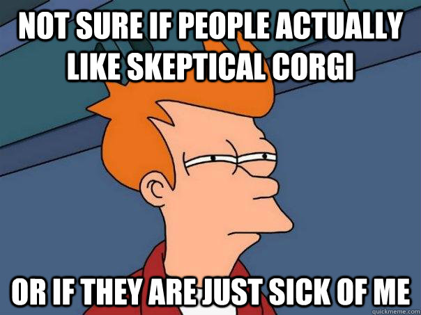 NOT SURE IF people actually like skeptical corgi OR IF they are just sick of me  Futurama Fry