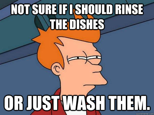 Not sure if i should rinse the dishes or just wash them. - Not sure if i should rinse the dishes or just wash them.  Futurama Fry