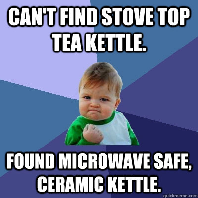 Can't find stove top tea kettle. found microwave safe, ceramic kettle.  Success Kid