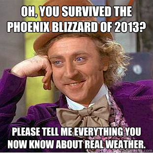 Oh, you survived the Phoenix blizzard of 2013? Please tell me everything you now know about real weather.  Condescending Wonka