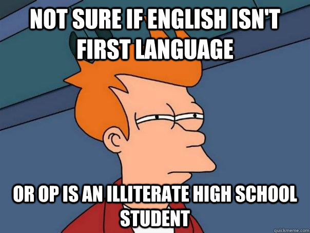 Not sure if English isn't first language or op is an illiterate high school student - Not sure if English isn't first language or op is an illiterate high school student  Futurama Fry