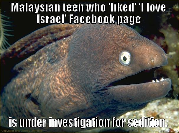 MALAYSIAN TEEN WHO ‘LIKED’ ‘I LOVE ISRAEL’ FACEBOOK PAGE IS UNDER INVESTIGATION FOR SEDITION. Bad Joke Eel